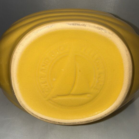 Over and Back Yellow Ware Ceramic Pitcher Disc Design Glazed Bottom Marked - Picture 6 of 8
